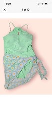 Girls Summer Swim Wear Size 11- 12y Neon Green With Floral Waist Wrap Around