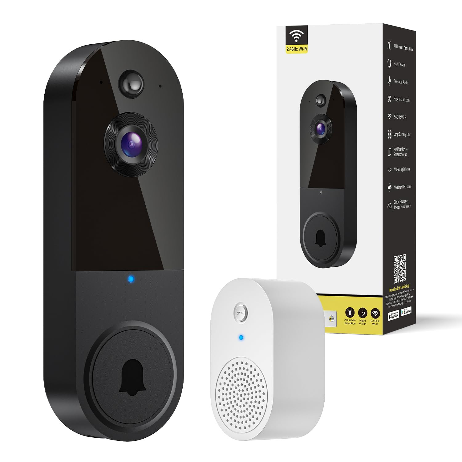 1080P Smart Video Doorbell with Ring Chime Wide Angle Lens Battery Powered Motion Detection