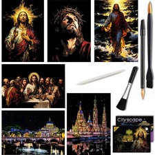 Scratch Art Rainbow Paper Cityscape Night View DIY Engraving 16x11.2 6 PCS