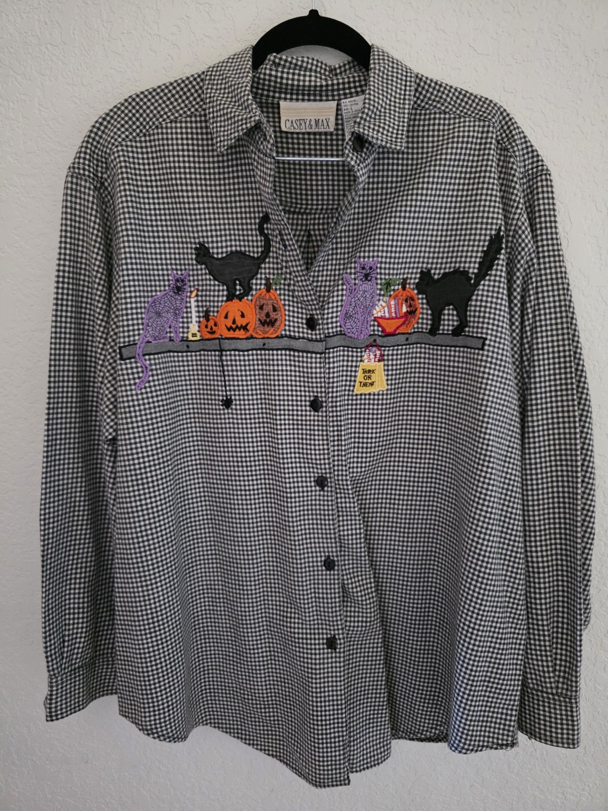 Vintage Casey Max Size L Halloween Plaid Embroidered Button Up Top Fall Pumpkin