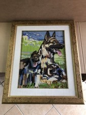 Quadro ad Uncinetto Punto Croce CANI FAMIGLIA di Pastore Tedesco CORNICE Vintage
