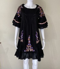 FREE PEOPLE XS Pavlo Black Embroidered Ruffle Pintuck Mini Dress Lined Cotton