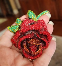 BRILLIANT RED  GREEN RHINESTONE ROSE FLOWER PENDANT BROOCH PIN 2.75" x 2.5"