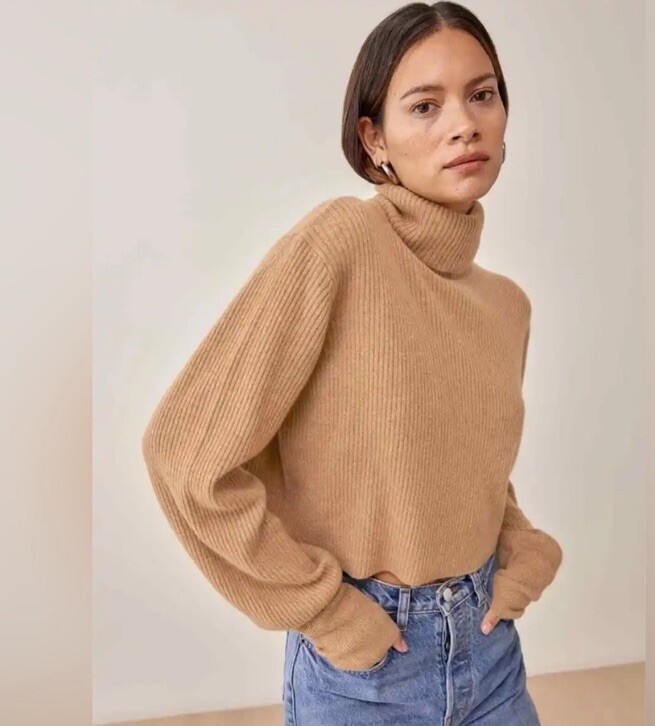 Reformation Luisa Cropped Sweater Camel Color Tan Turtleneck Cashmere
