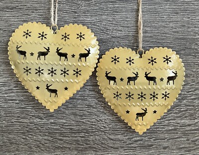 Deko Hänger Metallherzen Wintermotiv Rentier Schnellflocken Landhaus Gold Set 