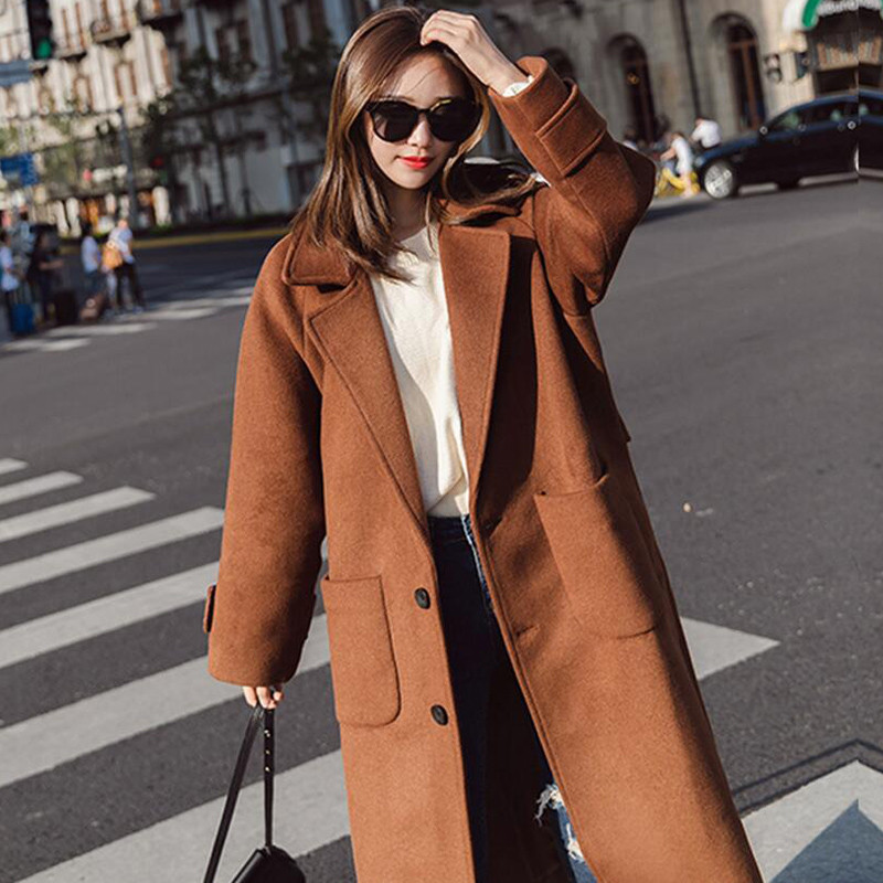 Hot Retro Womens Casual Wool Blend Lapel Collar Long Trench Coat