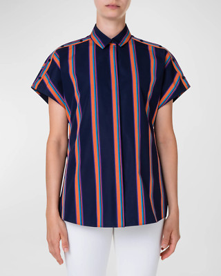 NEW AKRIS Punto 12 Navy Blue Orange Striped Blouse Top Button Shoulders