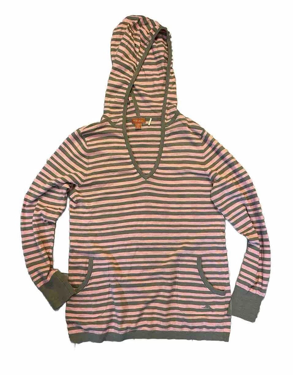 Tommy Bahama Hooded Long Sleeve Pocketed Pullover Pink Grey Striped Shirt Size L
