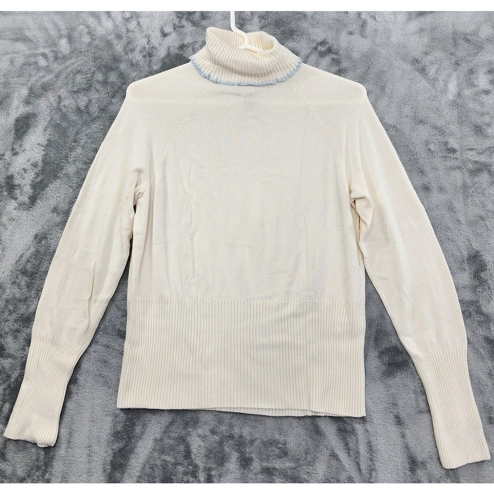 Винтажный 90-х апостроф водолазка длинным рукавом Топ размер M маленький кремовый синий  - Изображение 2 из 4