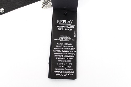 REPLAY Men Belt 75 cm Casual Black 100% Cow Leather Studs Wing Buckle - Picture 5 of 9