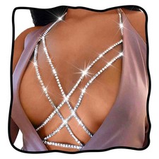 Rhinestone Body Chain Jewelry Gold Bra Jewelry (1 Count (Pack of 1), Silver)