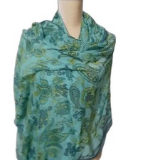 Teal Green Paisley Floral Rayon Wrap Scarf Shawl Boho Cottagecore 42x74