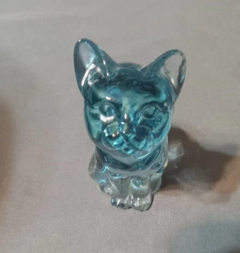 Fenton Art Glass Light Crystal Blue 3 5/8" Sitting Cat Figurine