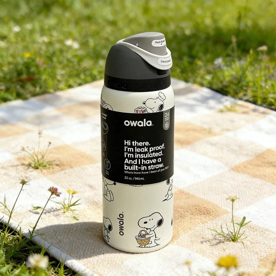 Snoopy Owala 32oz Black White Water Bottle Stainless Steel Easy