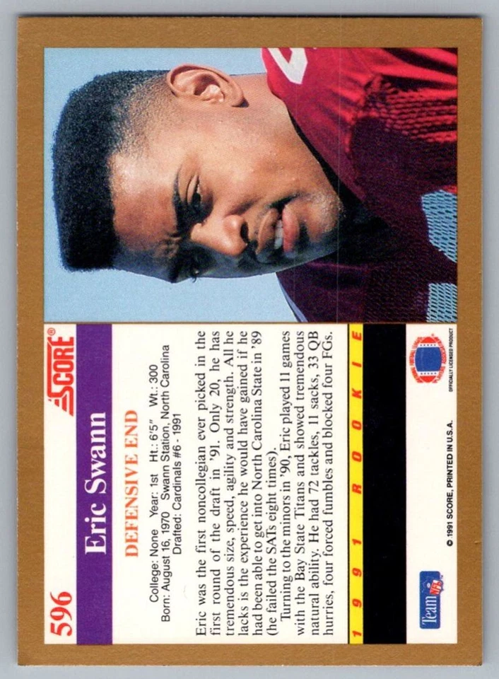 1991 Score Eric Swann Rookie Phoenix Cardinals #596 - Image 2 of 2