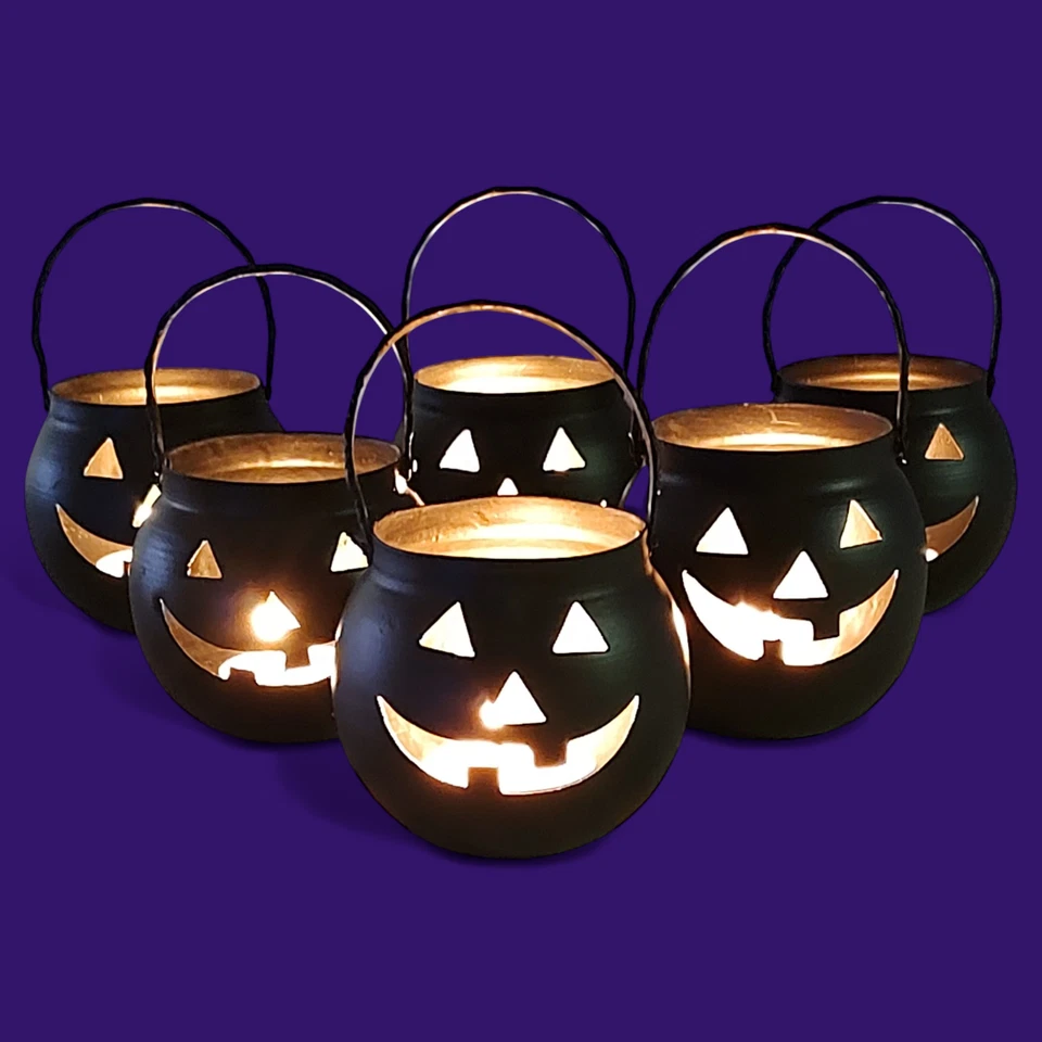 6 Candelabros de colección Halloween HOSLEY EE. UU. Metal Jack-O-Lantern Calabaza Tealight Foto 2 de 4
