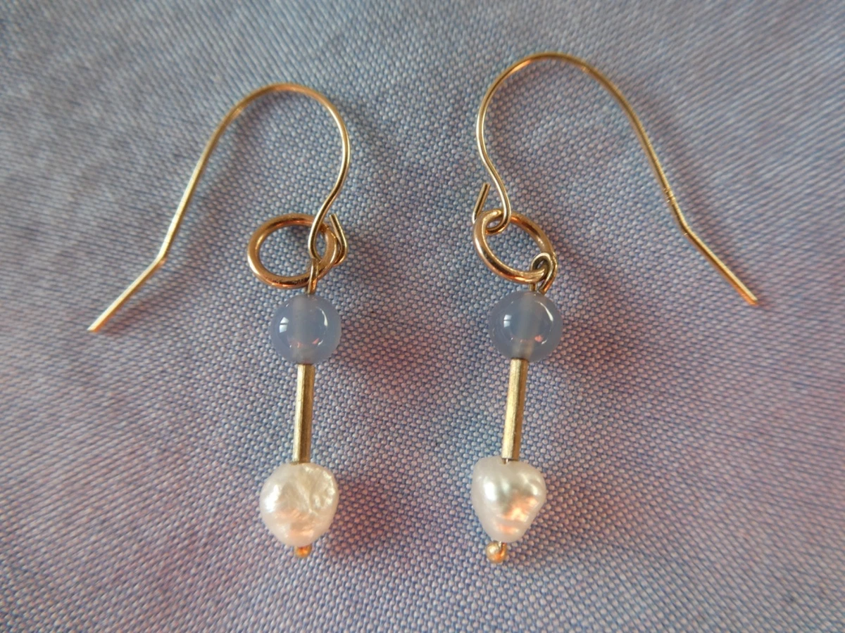 9ct gold earrings ~ Blue Agate and Freshwater pearls.