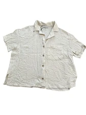 Stradivarius Top Womens Small Linen Blend Short Sleeve Boxy Shirt Flax #U3
