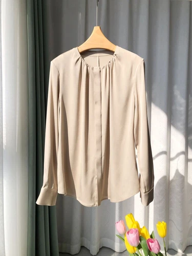 Damen Langarm 100% echte Seide Knopf Rundhals Shirt Bluse Büro Damen OL - Bild 26 von 38