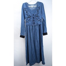 Vintage 90s Floral Embroidered Denim Maxi Dress 16 Long Western Prairie Cottage
