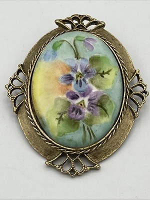 Victorian Gold Gilded Hand Painted  Purple Yellow Flower Porcelain Brooch Pin 73
