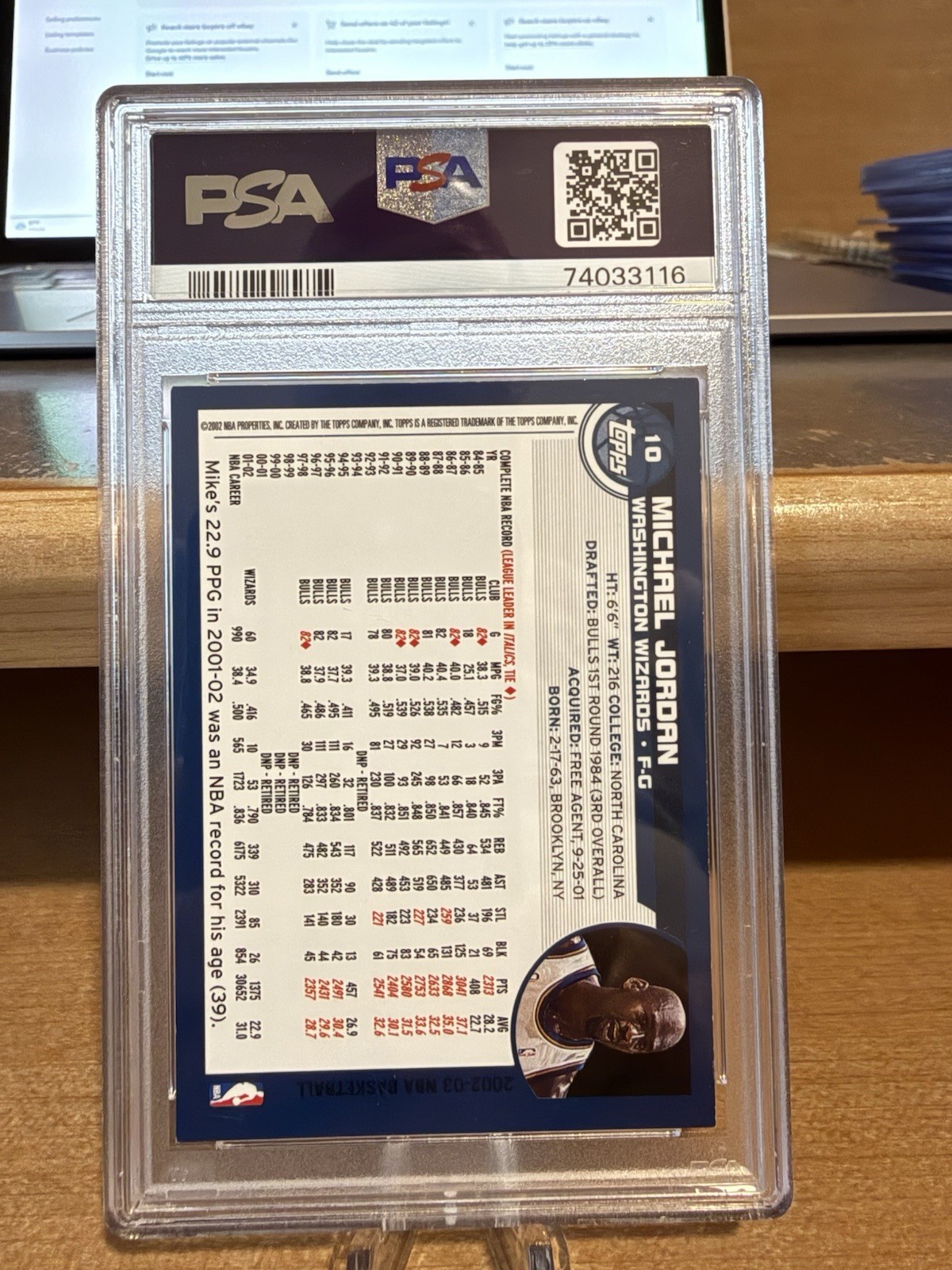 2002 Topps Basketball NBA Michael Jordan Washington Wizards Card #10 PSA 6 view 2