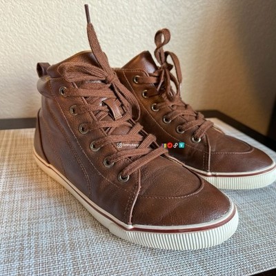 Cat & Jack Boys' Florian Mid Top Sneakers Brown Faux Leather Lace Up Side Zip