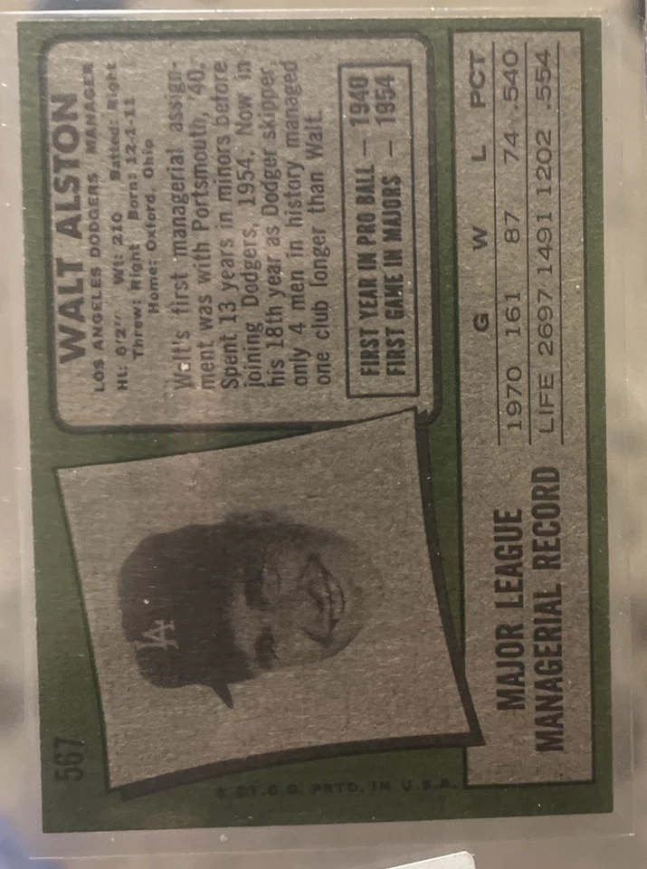 1971 Topps #567- Walt Alston Manager Long Time Dodger Coach HOF LAD NEAR-MINT+ - Image 4 of 4
