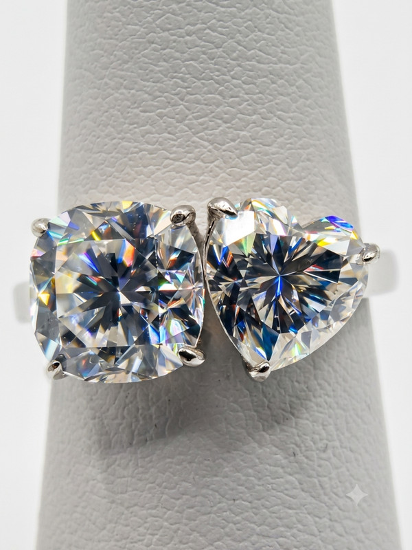 925 Sterling Silver Moissanite 5 CTW Toi et Moi Ring Heart & Cushion Cut Size 6