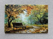 Original Autumn Oil Painting – Golden Park Landscape with Bench, Fall Trees Art
