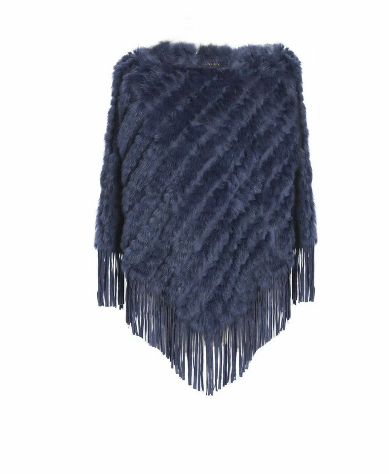 Jayley Navy Blue Fox And Coney Fur Suedette  Fringed Poncho One Size Bnwt - Image 3 of 3