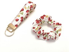 Handmade Fabric Keyring + scrunchie Key Fob Strawberry Fabric Wristlet Keychain