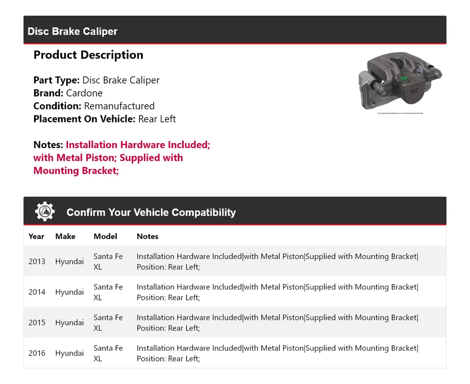 Pinza de freno de disco trasera izquierda Cardone 2014 2015 para Hyundai Santa Fe XL 2013-2016 Foto 2 de 4
