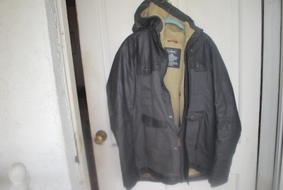 MENS GRAY LL BEAN HOODED FOUL WEATHER LINED COAT, SIZE LARGE
