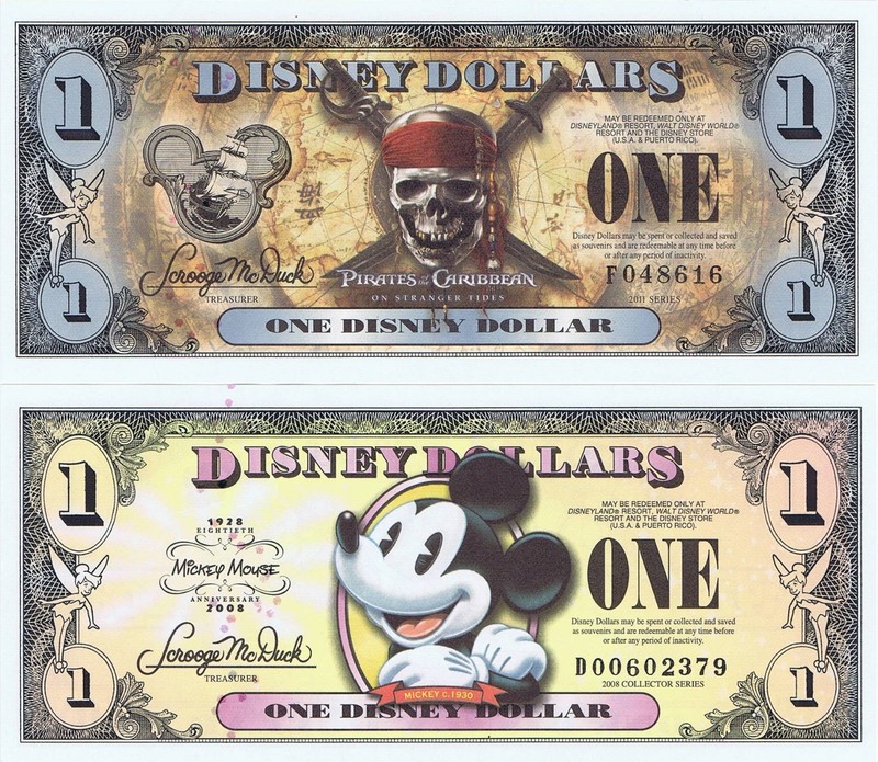 2 Mint $1 2011 F & 2008 D Mickey Pirates Caribbean Disney Dollars Dollar Pirate