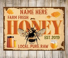 Personalised Honey Bee Sign Vintage Local Pure Raw Customised Decor Metal Plaque