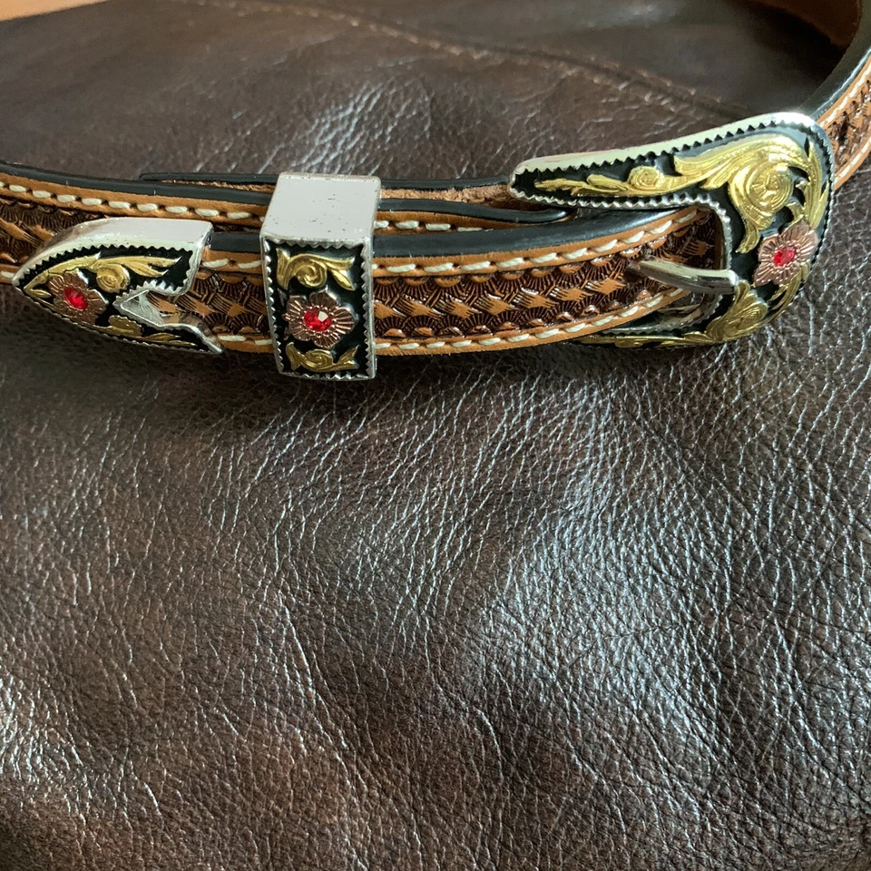 Cinturón Mujer Cuero Genuino Talla 38, 3 Piezas Hebilla Estrás Grabado Tooled Foto 2 de 4