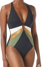 Vince Camuto Gold Shimmer Blocked Punging V-Neck One-Piece L137101Womens Size 12