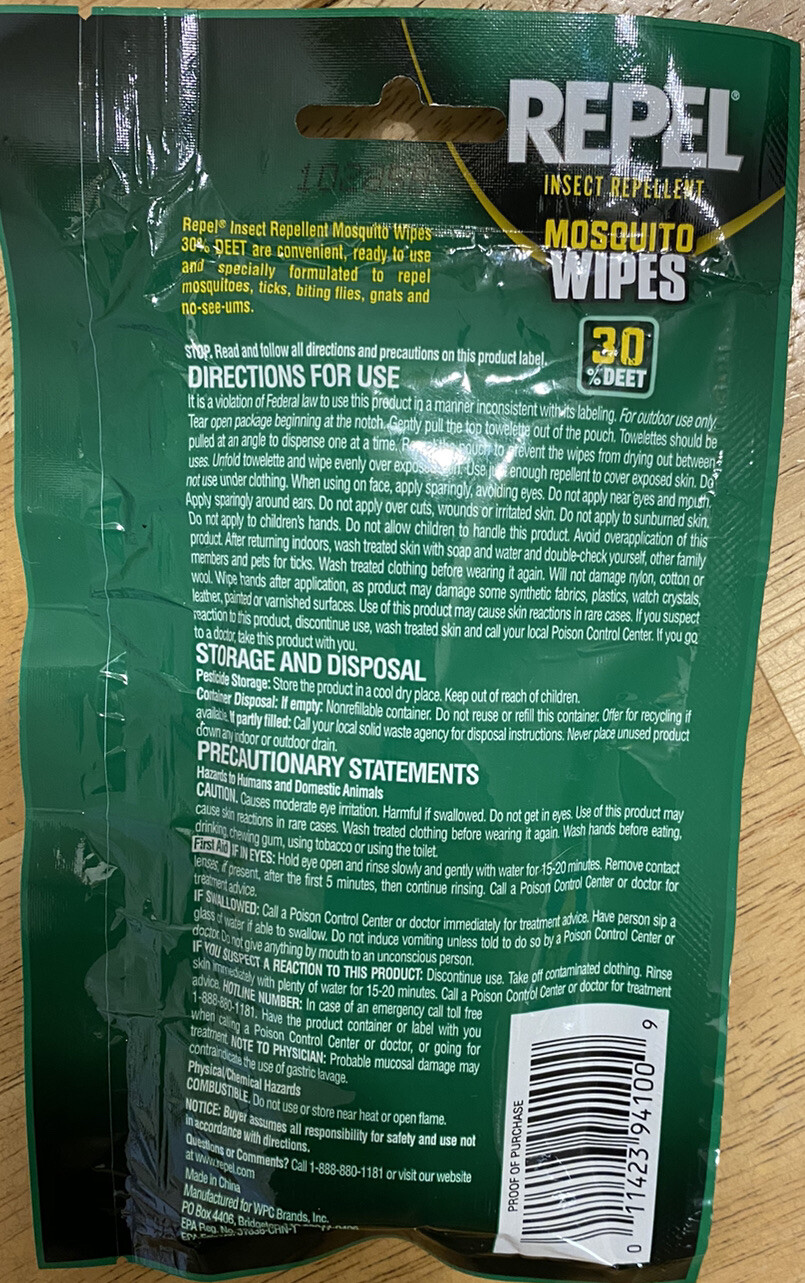 Repel Insect Repellent Mosquito Wipes 30 DEET 15count 6count for sale
