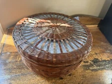 Antique Chinese round sewing basket,  wicker