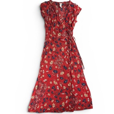 H&M Women 2 Red Floral Wrap Midi Dress Cap Sleeve V-Neck Boho Summer