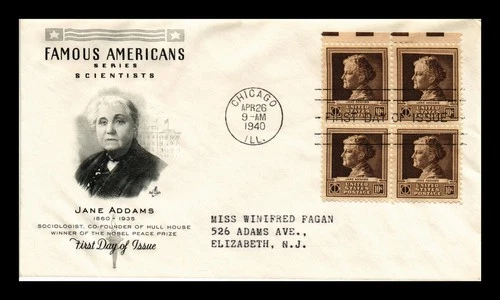 DR JIM STAMPS US COVER JANE ADDAMS FAMOUS AMERICANS FDC BLOCK OF 4 ARTCRAFT