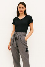 SHEIN graue Paperbag Bundhose Damen L UK12 Relaxed Fit elastischer Gürtel