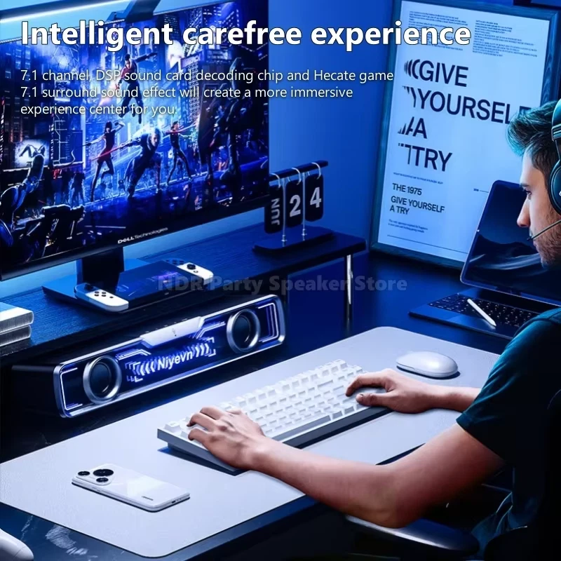 Mini Soundbar PC Altoparlanti USB Bluetooth 5.3 RGB Subwoofer Gaming Home - Immagine 2 di 4