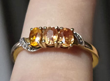 Orange Sapphire 3 Stone Ring in 18K Yellow Gold Plated 925 Sterling Silver
