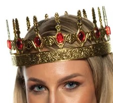 Adults Gold Plastic Crown with Red Faceted Gemstones Queen