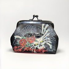 Ed Hardy Wallet Dragon Skull Roses Print Black