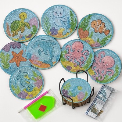 Billbotk 8 Pieces Diamond Painting Coasters Kit with Holder ocean style