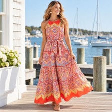 Talbots Tiered Halter Maxi Dress 8 Orange Medallion Paisley Sleeveless Cottage