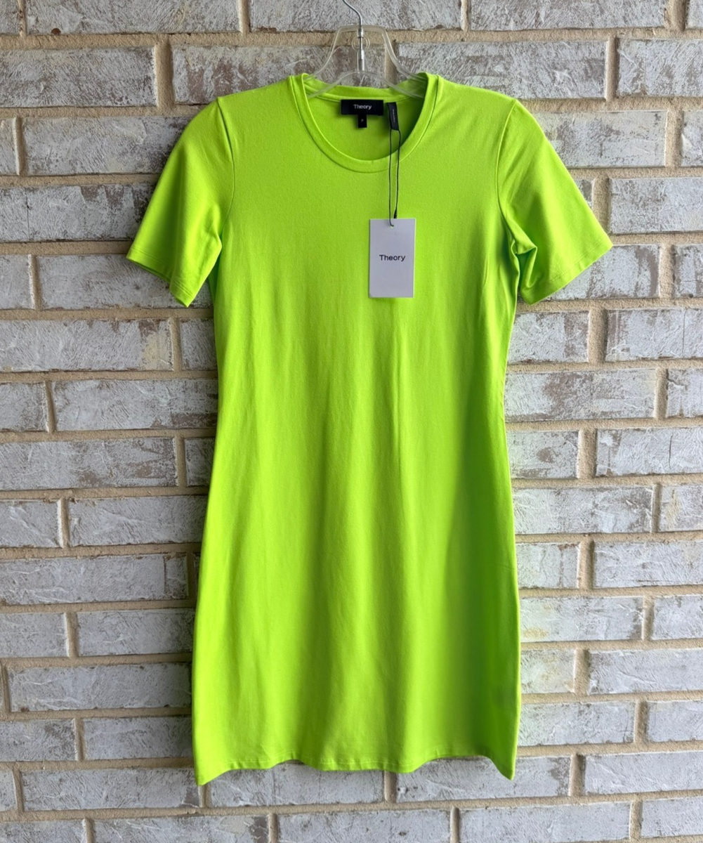 Theory Short Sleeve Crew Neck Cotton Blend Neon Green Shirt Dress Size P  (XS) | eBay